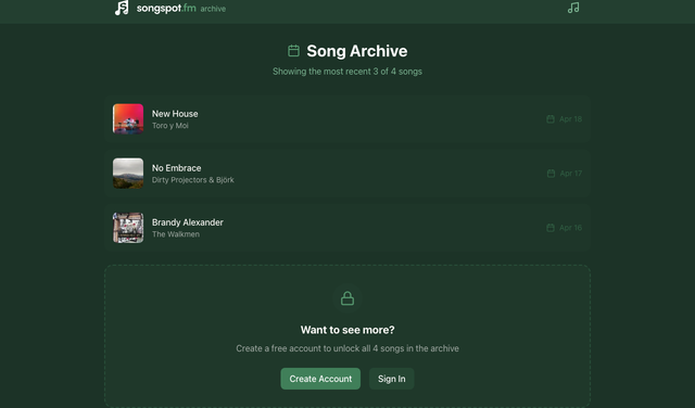 songspot.fm song archive showing recent tracks with dates, and a registration prompt to unlock the full archive.
