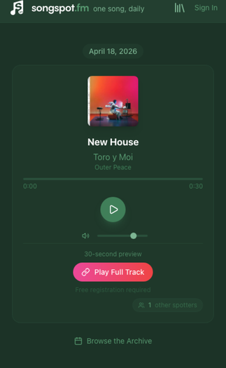 songspot.fm daily player interface showing album artwork, track title, artist, 30-second preview controls, and Play Full Track button.